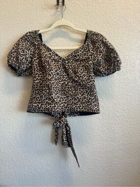 Marissa Webb Leopard Tie-Front Puff Sleeve Top - Brown and Black